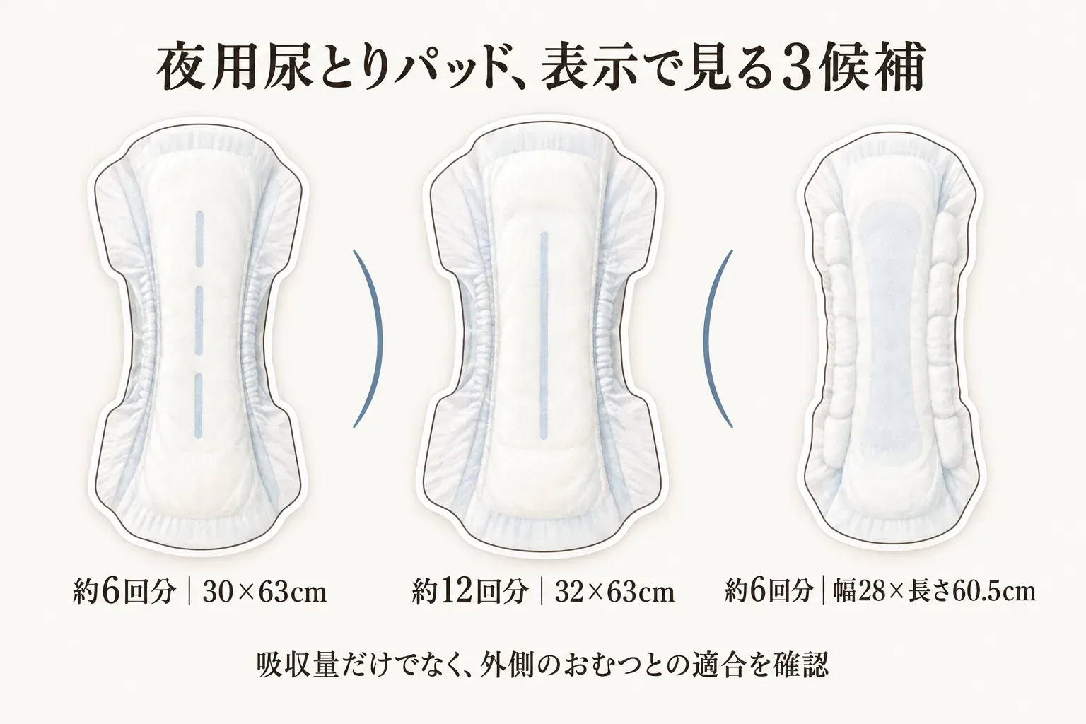 夜用尿とりパッド3候補の表示を比べる図。約6回分・30×63cm、約12回分・32×63cm、約6回分・幅28×長さ60.5cmの例を並べ、吸収量だけでなく外側のおむつとの適合を確認するよう案内する。記事本文をもとに作成。