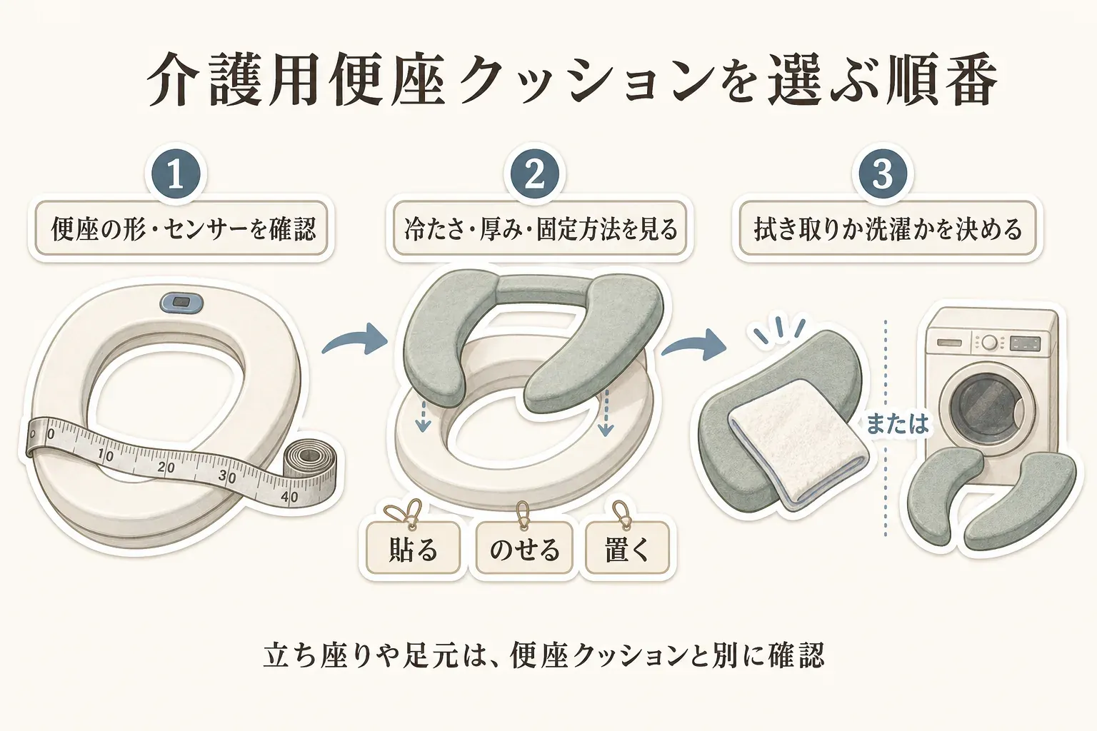 介護用便座クッションを選ぶ3段階の順番を示す図。1は便座の形とセンサーを確認、2は冷たさ・厚み・固定方法を確認し貼る・のせる・置く方法を比べる、3は拭き取りか洗濯かを決める流れ。立ち座りや足元は便座クッションと別に確認するよう示す。記事本文をもとに作成。