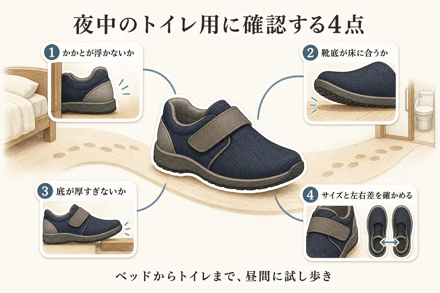 夜中のトイレ用の介護シューズで確認する4点を示す図。かかとが浮かないか、靴底が床に合うか、底が厚すぎないか、サイズと左右差を確かめることを、ベッドからトイレまでの動線と靴のイラストで案内する。昼間に試し歩きするよう示す。記事本文をもとに作成。