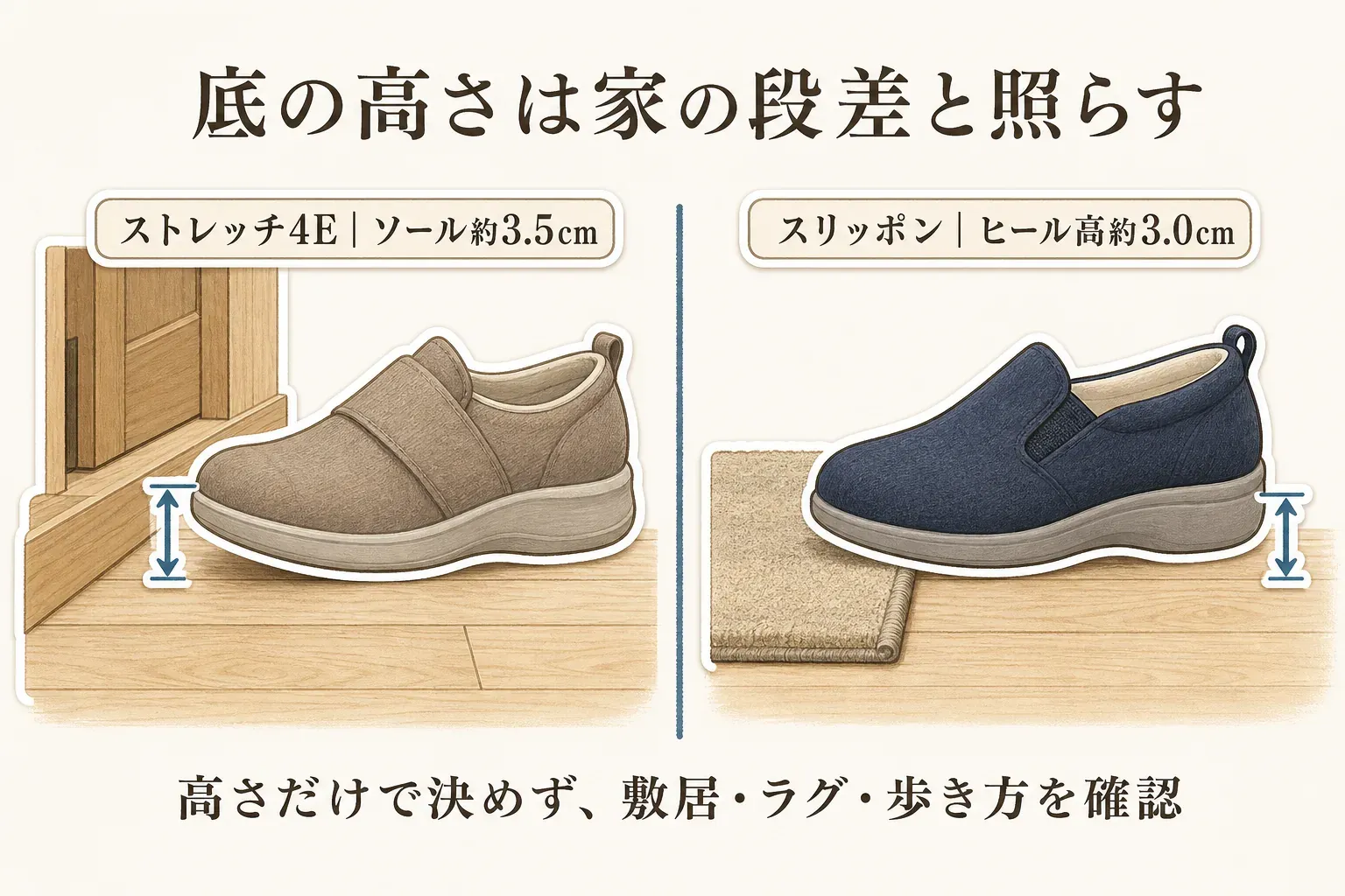 靴底の高さを家の段差と照らす図。ストレッチ4Eのソール約3.5cmは敷居、スリッポンのヒール高約3.0cmはラグの端とともに示し、高さだけで決めず敷居・ラグ・歩き方を確認するよう案内する。記事本文をもとに作成。