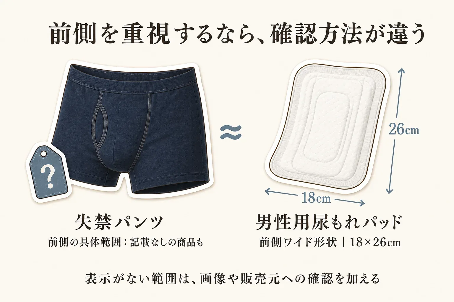 前側を重視する場合の確認方法を比べる図。失禁パンツは前側の具体的な吸水範囲が記載されていない商品もある一方、男性用尿もれパッドは前側ワイド形状で18×26cmの表示を確認できることを示し、範囲の表示がない場合は商品画像や販売元への確認を加えるよう案内する。記事本文をもとに作成。
