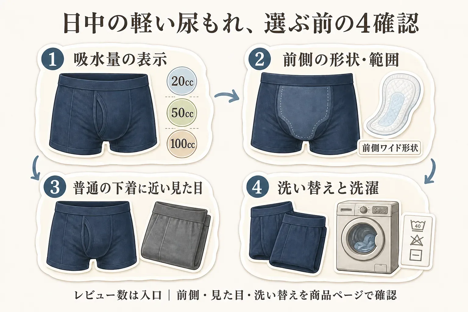 日中の軽い尿もれ用の男性用失禁パンツを選ぶ前の4確認を示す図。吸水量の表示、前側の形状・範囲、普通の下着に近い見た目、洗い替えと洗濯を順に確認し、レビュー数は入口として商品ページで確認するよう案内する。記事本文をもとに作成。