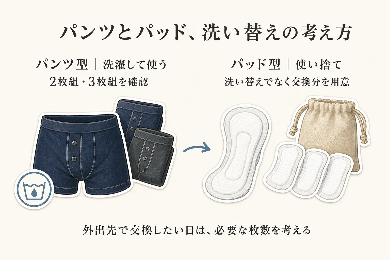 パンツ型とパッド型の洗い替え・交換の考え方を比べる図。パンツ型は洗濯して使い、2枚組・3枚組の洗い替えを確認する。パッド型は使い捨てで、洗い替えではなく交換分を用意し、外出先で交換する日は必要な枚数を考えることを示す。記事本文をもとに作成。