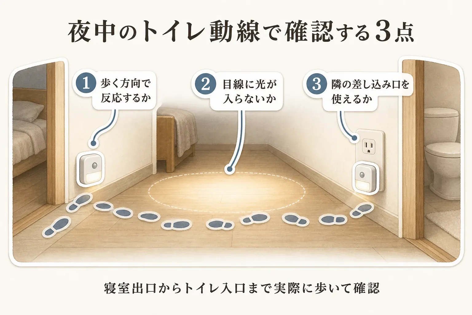 寝室出口からトイレ入口までの夜間動線で確認する3点を示す図。歩く方向で人感センサーが反応するか、光が目線に入らないか、コンセント式では隣の差し込み口を使えるかを、廊下のイラストで示す。