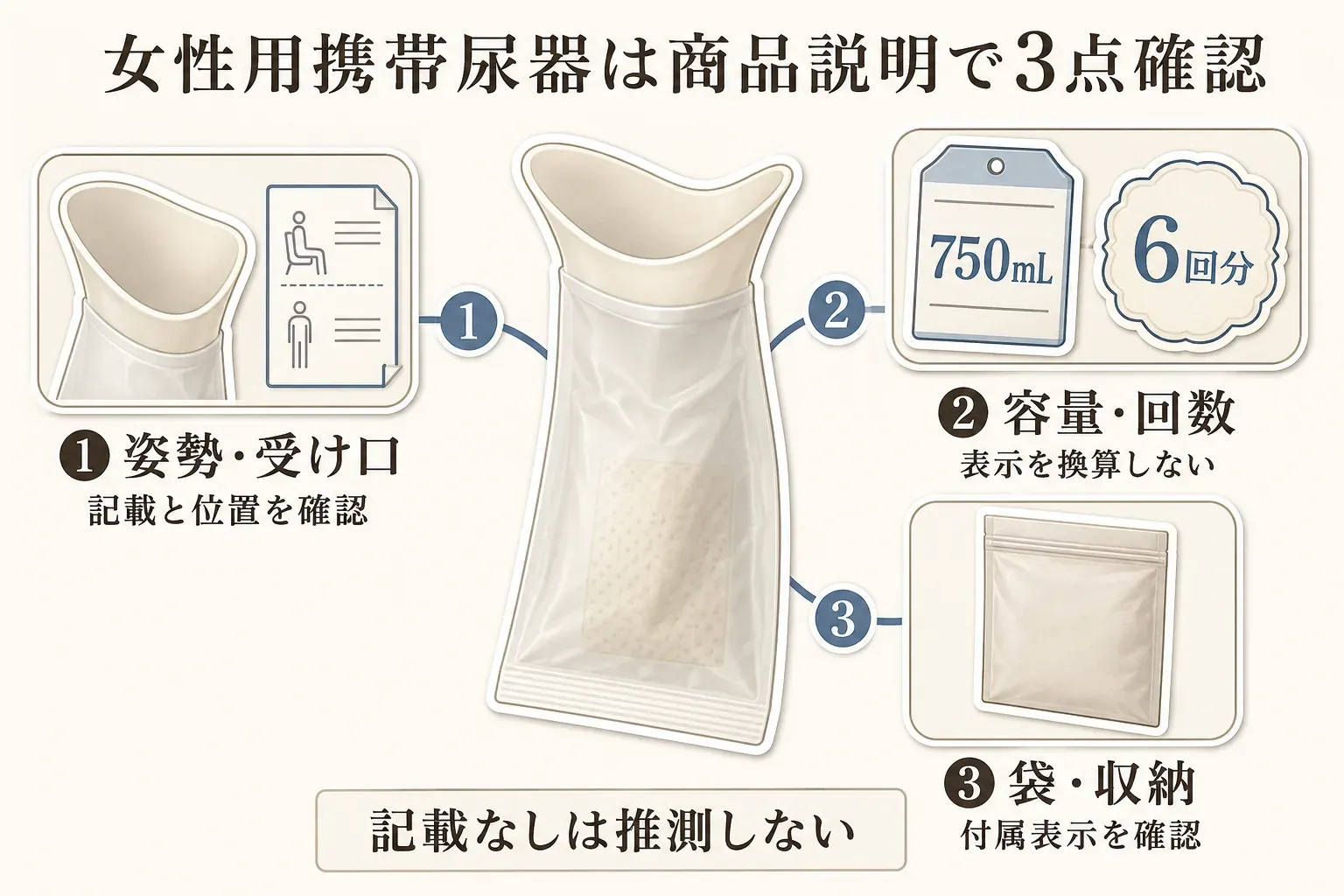 女性用携帯尿器の商品説明で確認する3点を示す図。1は姿勢・受け口で記載と位置を確認、2は容量・回数で750mLなどの容量表示と6回分などの回数表示を換算しない、3は袋・収納で付属表示を確認する。記載のない仕様は推測しないよう注意を促している。