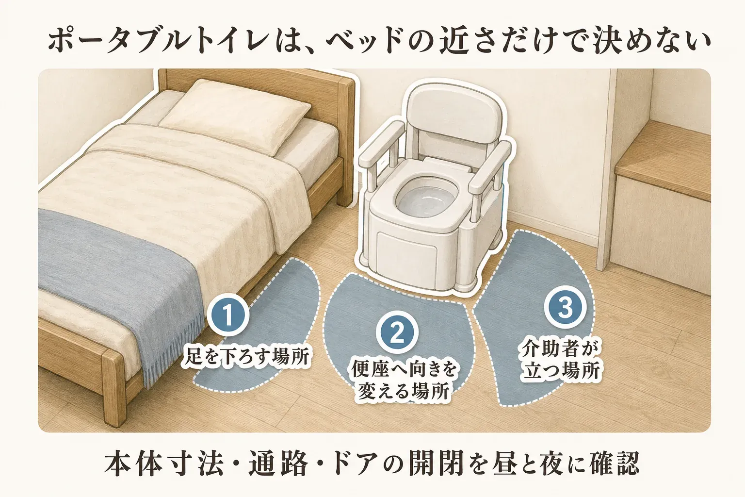 ベッド横のポータブルトイレの置き場所を示す図。足を下ろす場所、便座へ向きを変える場所、介助者が立つ場所の3つの余白をベッドと便座の間に確保し、本体寸法・通路・ドアの開閉を昼と夜に確認するよう案内する。記事本文をもとに作成。