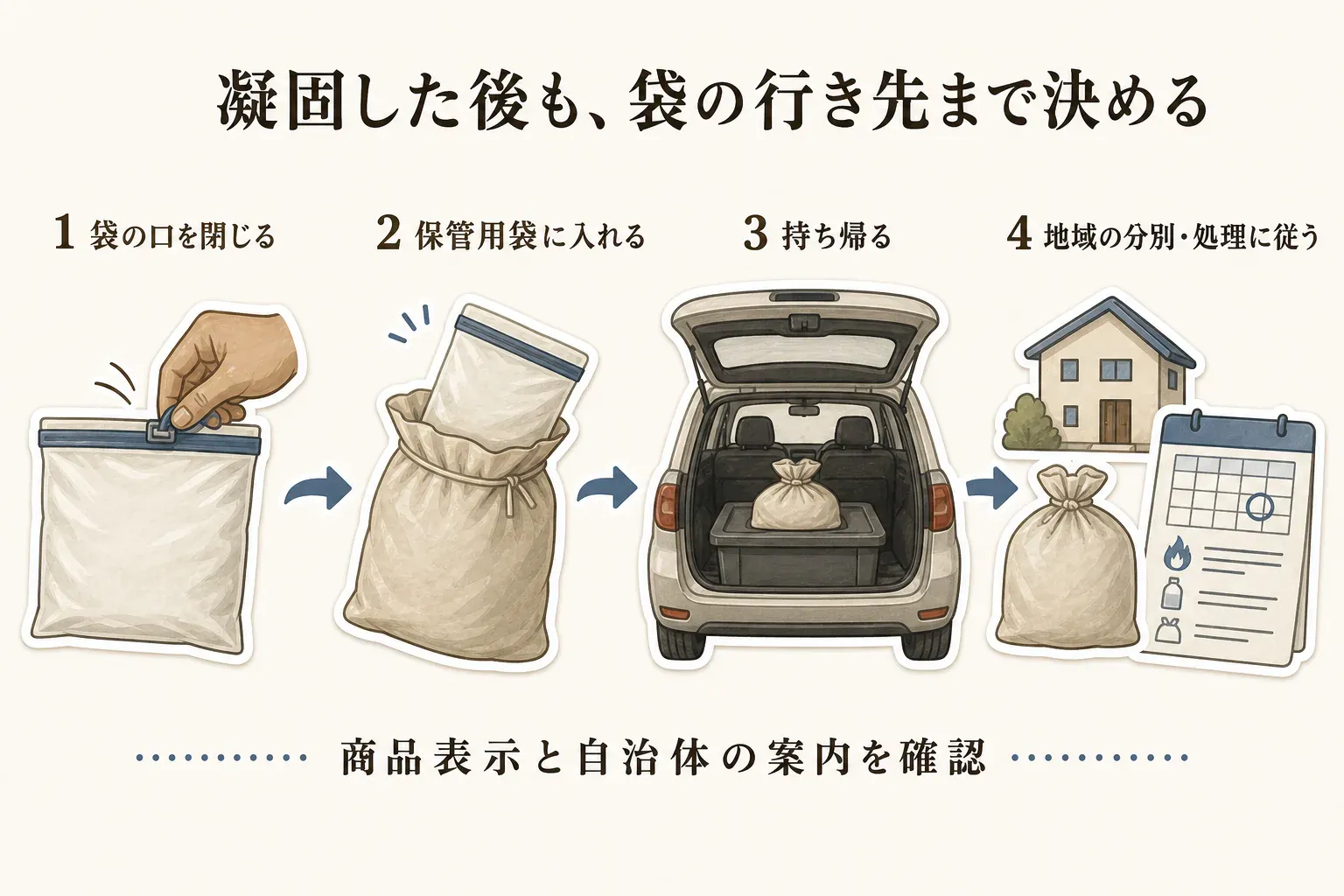 携帯トイレ使用後の袋の処理を示す図。袋の口を閉じる、保管用袋に入れる、車で持ち帰る、地域の分別・処理方法に従うという4段階を、商品表示と自治体の案内を確認しながら行うよう示す。記事本文をもとに作成。