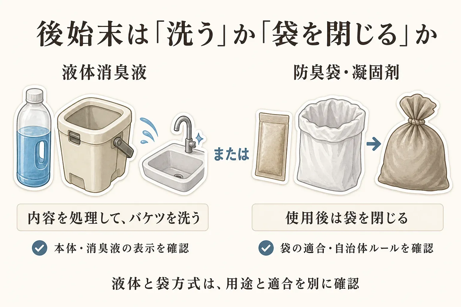 ポータブルトイレの後始末を、液体消臭液で内容物を処理してバケツを洗う方法と、防臭袋・凝固剤で使用後に袋を閉じる方法に分けて示す図。液体方式は本体・消臭液の表示、袋方式は袋の適合・自治体ルールを確認し、用途と適合を別に確認すると案内する。本文をもとに作成。