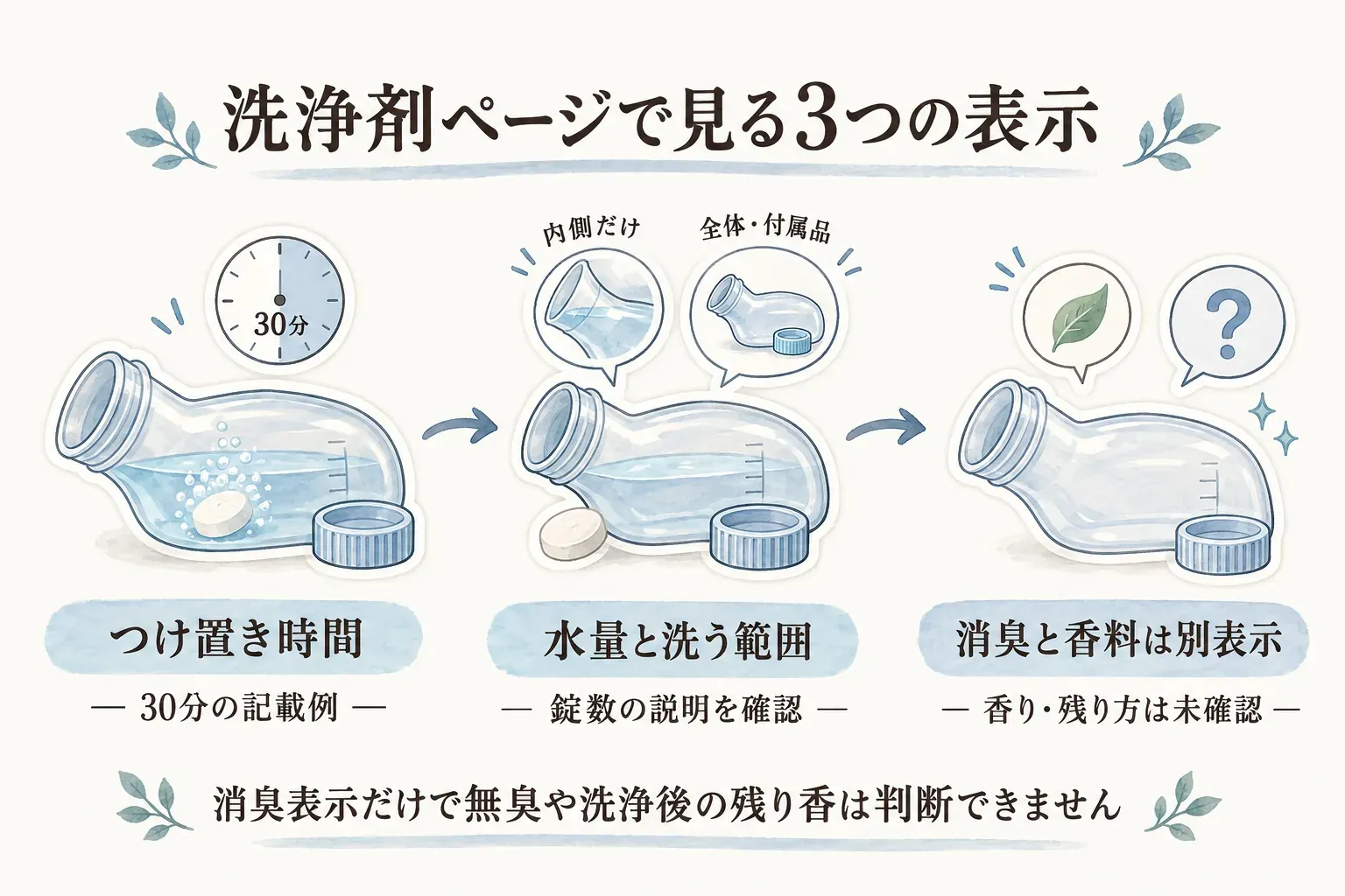 尿器用洗浄剤の販売ページで確認する3つの表示を示す図。つけ置き時間は30分の記載例、水量と洗う範囲は内側だけと全体・付属品を分けて錠数を確認、消臭と香料は別表示として確認する。香りや残り方は未確認で、消臭表示だけでは無臭や洗浄後の残り香を判断できないと案内している。