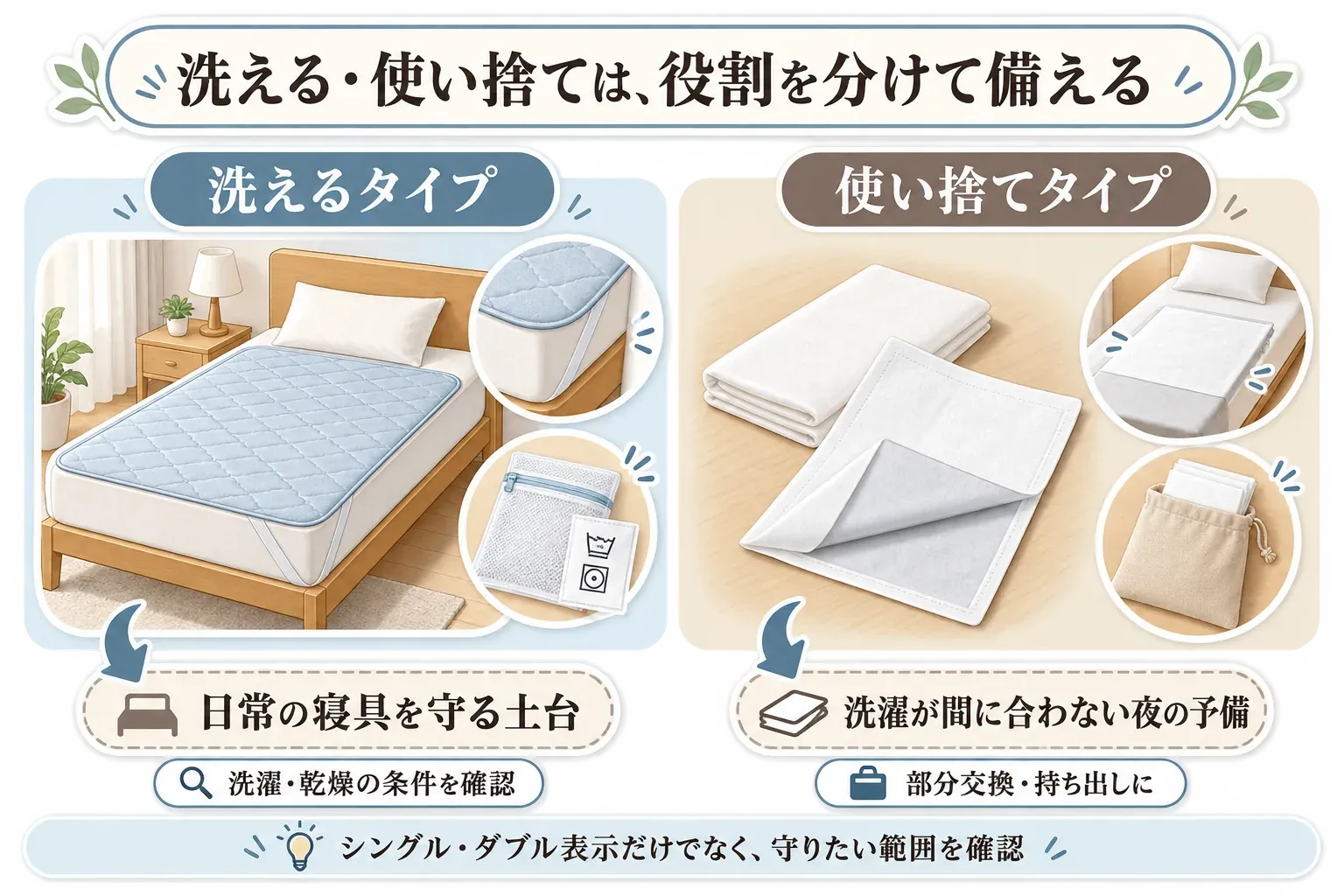 洗えるタイプと使い捨てタイプの役割を分ける図。洗えるタイプは日常の寝具を守る土台として洗濯・乾燥条件を確認し、使い捨てタイプは洗濯が間に合わない夜の予備、部分交換、持ち出しに使うことを示す。シングル・ダブル表示だけでなく守りたい範囲を確認するよう案内する。記事本文をもとに作成。