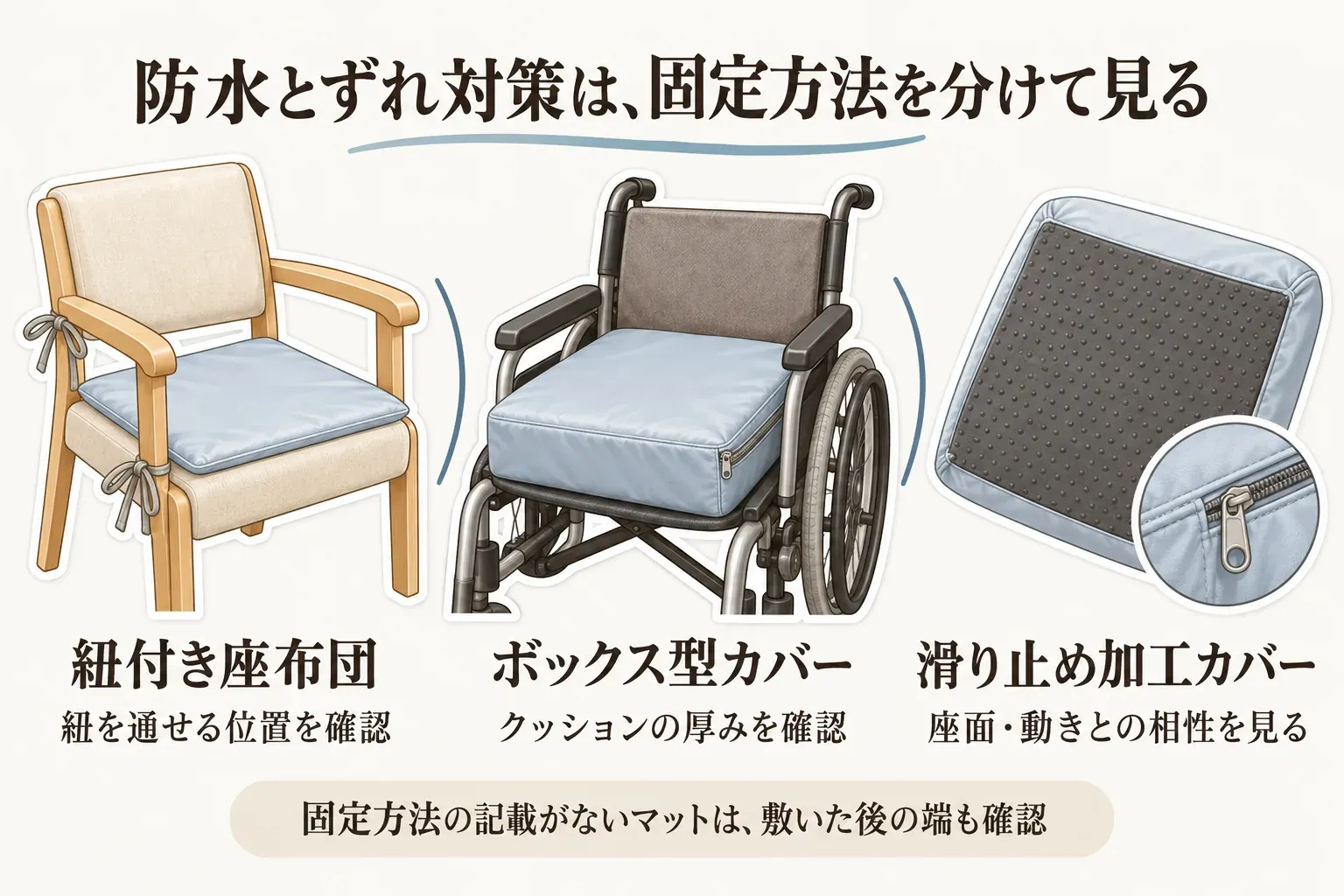 防水座面シートの固定方法を比べる図。椅子に紐を結ぶ紐付き座布団、車椅子のクッションに被せるボックス型カバー、裏面の滑り止め加工とファスナー付きカバーを示し、固定方法の記載がないマットは敷いた後の端も確認するよう案内する。記事本文をもとに作成。