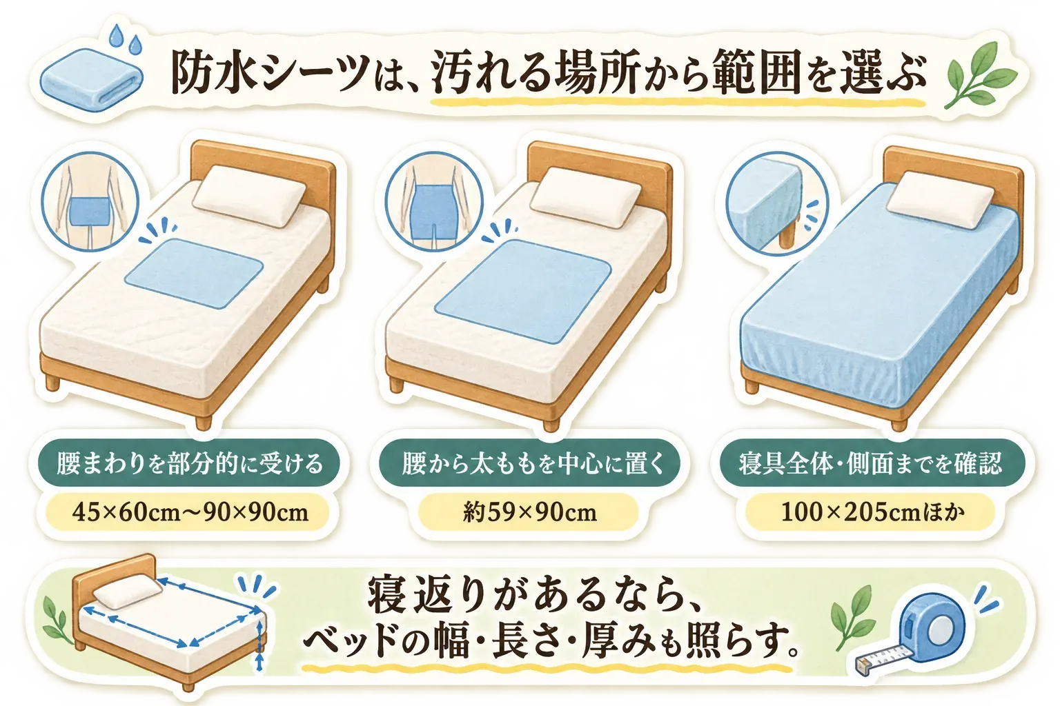 防水シーツを汚れる場所から選ぶ範囲の図。腰まわりを部分的に受ける45×60cmから90×90cm、腰から太ももを中心に置く約59×90cm、寝具全体・側面までを確認する100×205cmほかをベッドのイラストで比較し、寝返りがある場合はベッドの幅・長さ・厚みも照らすよう示す。記事本文をもとに作成。