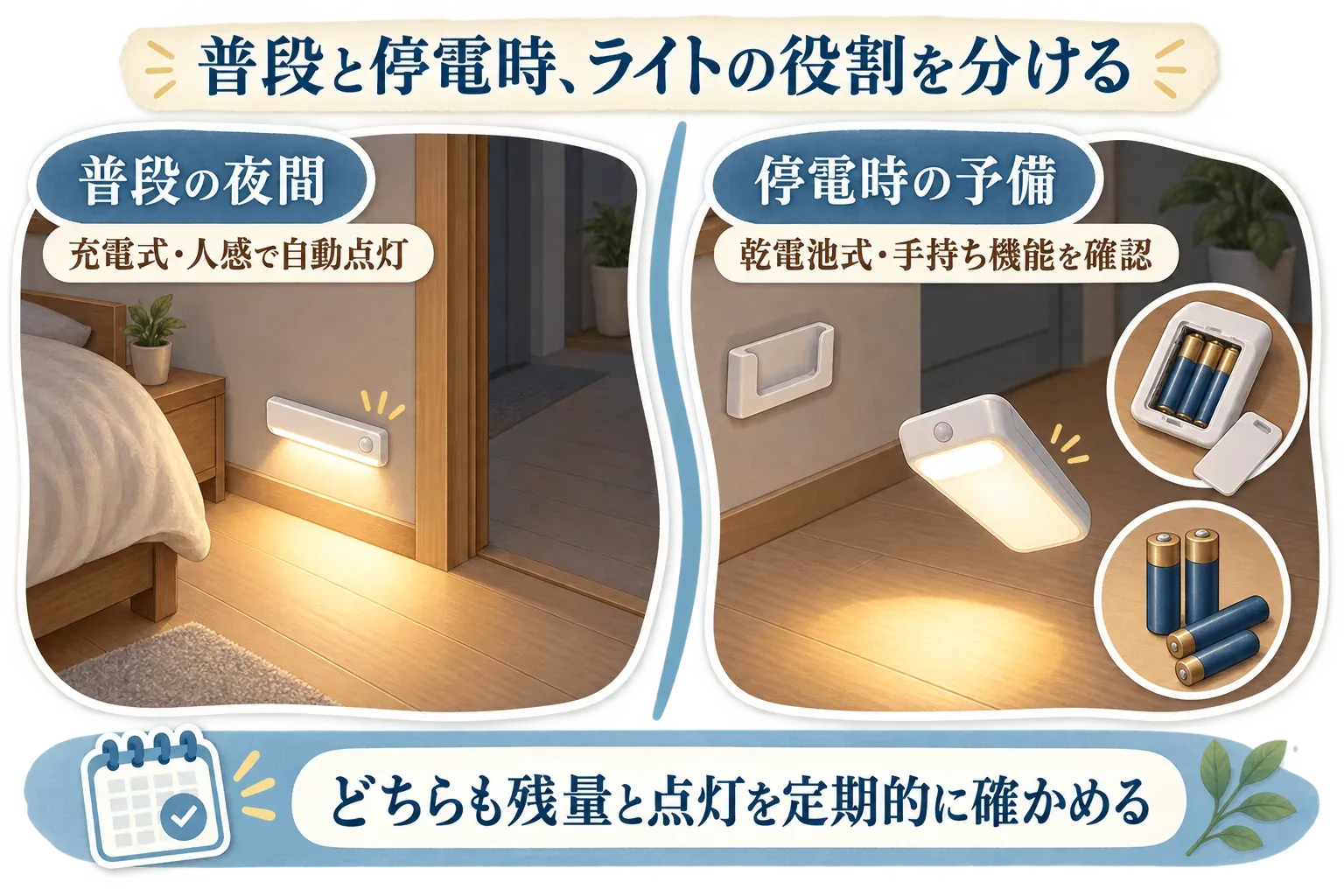 普段の夜間は寝室出口で充電式人感センサーライトを自動点灯させ、停電時の予備には乾電池式ライトと懐中電灯を別に置く役割分担。残量・電池・手持ち機能は商品ごとに確認する。
