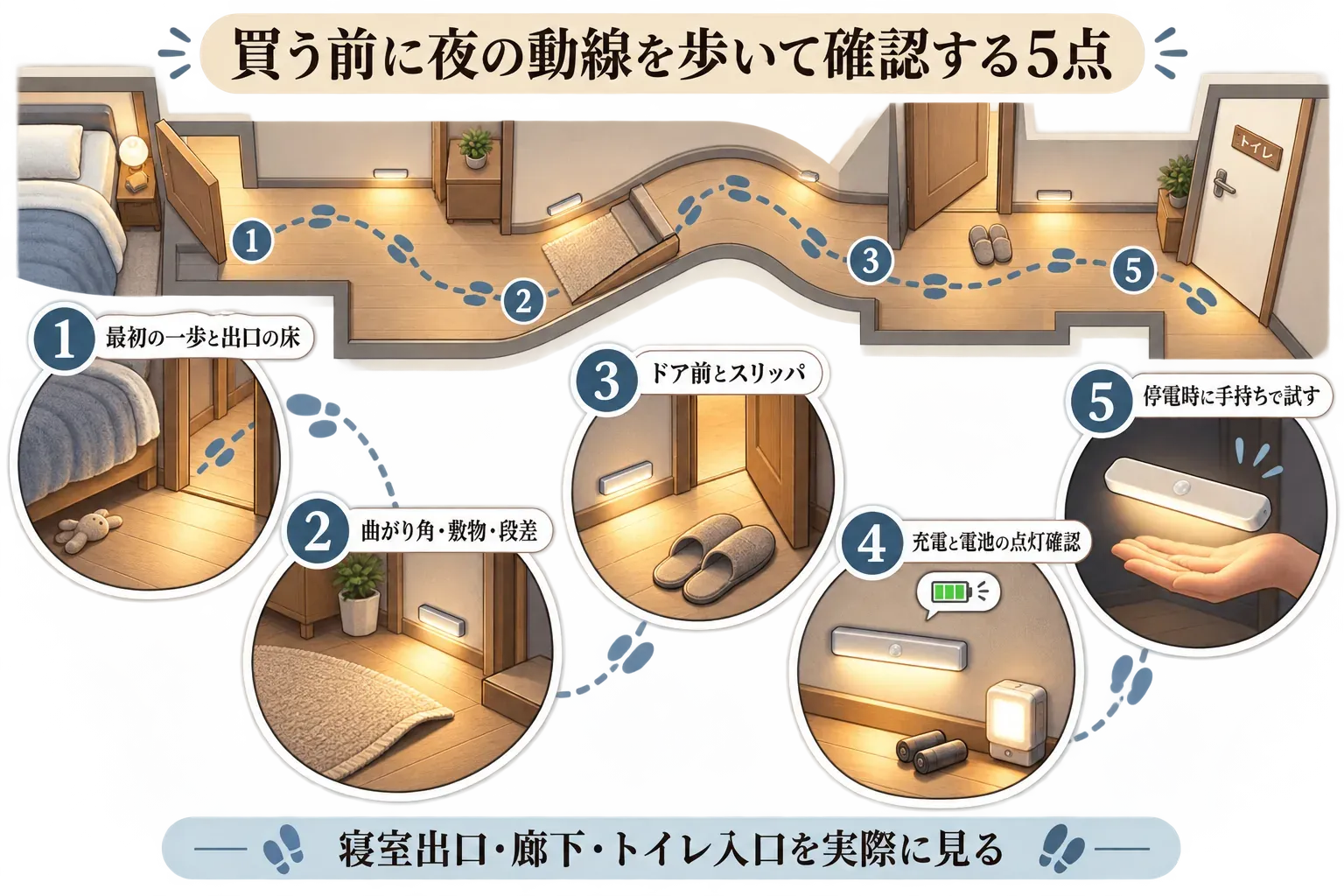 購入前に夜の動線で確認する5点。寝室の最初の一歩と出口の床、廊下の曲がり角・敷物・段差、トイレ前のドアとスリッパ、充電と電池の点灯、停電時にライトを手持ちで試せるかを示す図。
