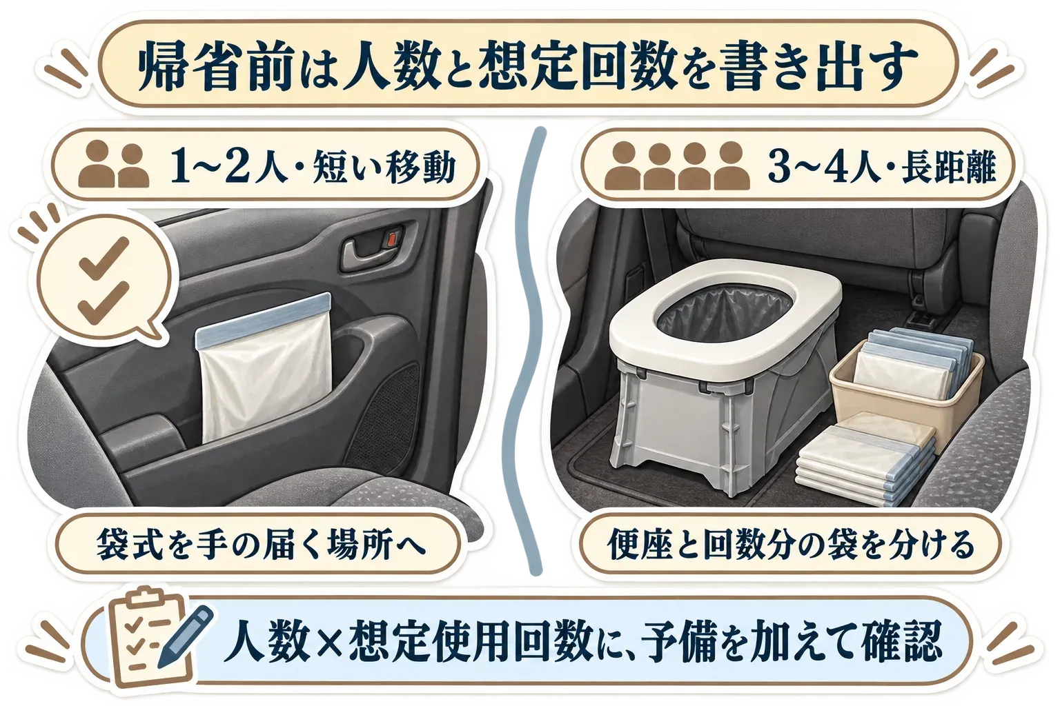 帰省前に人数と想定回数を書き出す考え方を示す図。1〜2人の短い移動では袋式を手の届く場所へ、3〜4人の長距離移動では便座と回数分の袋を分け、人数×想定使用回数に予備を加えて確認する。記事本文をもとに作成。