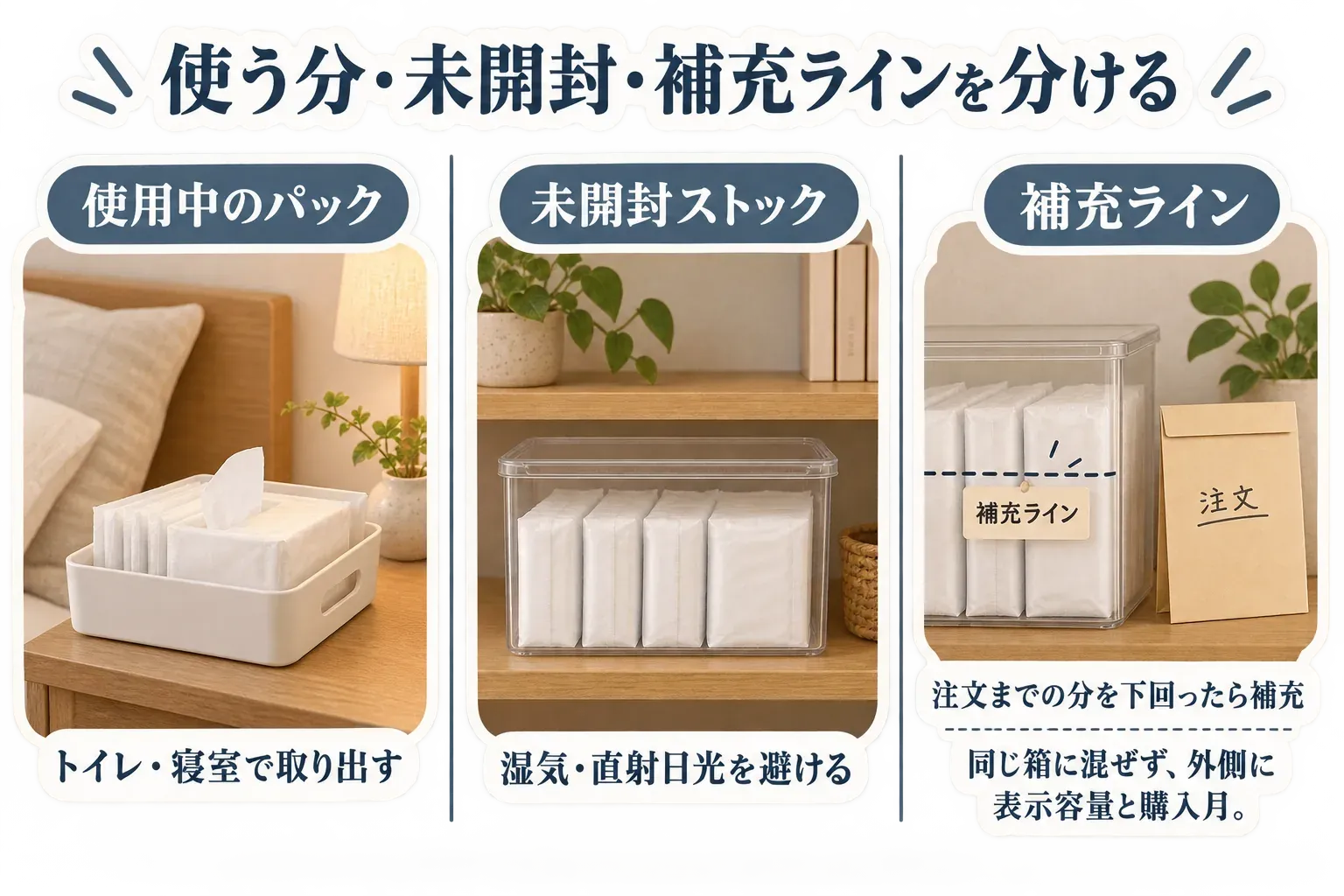 尿もれパッドを、トイレ・寝室で取り出す使用中のパック、湿気と直射日光を避ける未開封ストック、注文までの分を下回ったら補充する補充ラインに分ける図。別の商品を同じ箱に混ぜず、外側に表示容量と購入月を書くよう示す。記事本文をもとに作成。