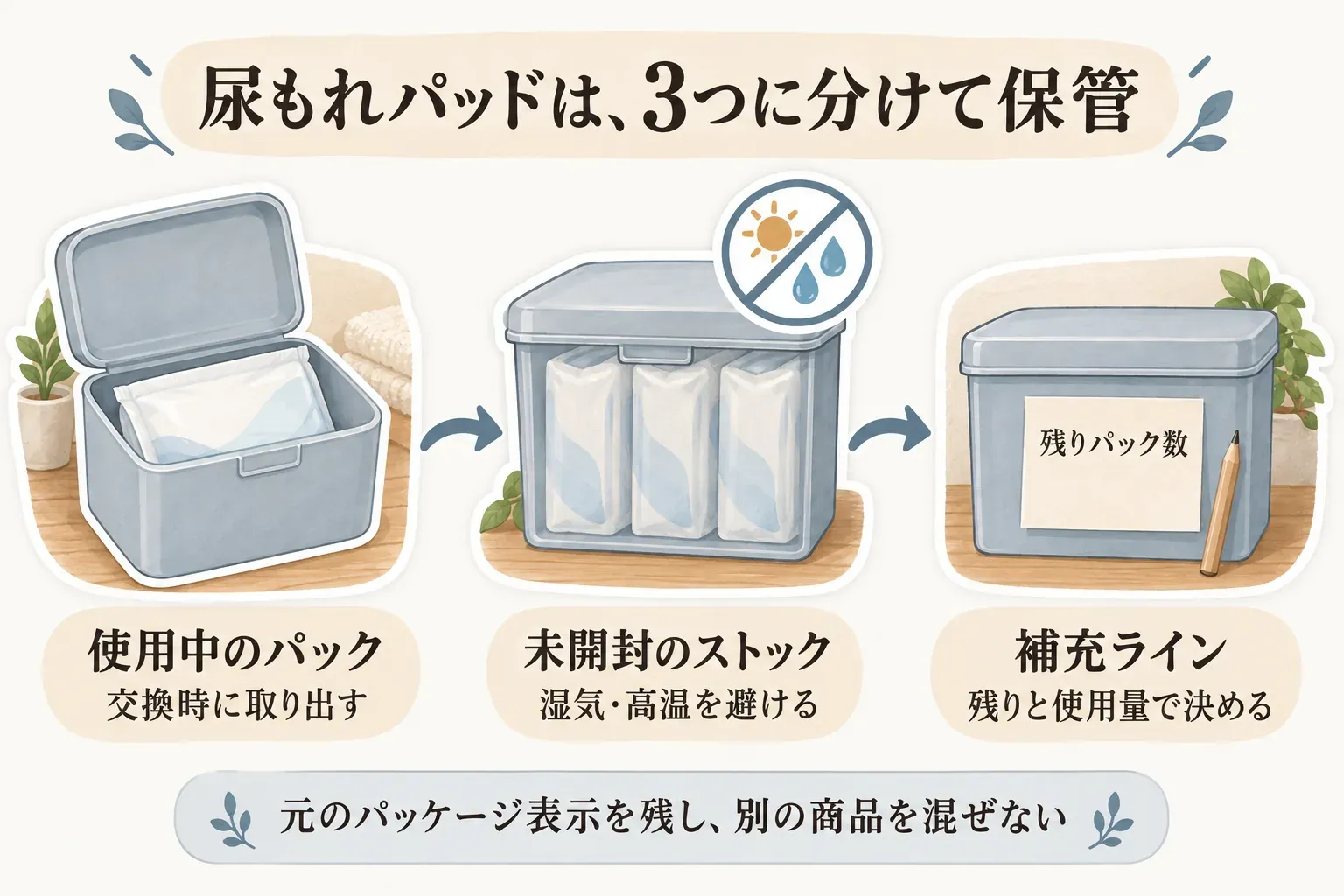 尿もれパッドを3つに分けて保管する図。使用中のパックは交換時に取り出し、未開封ストックは湿気と高温を避け、補充ラインは残りパック数と使用量で決める。元のパッケージ表示を残して別の商品を混ぜないよう示す。記事本文をもとに作成。