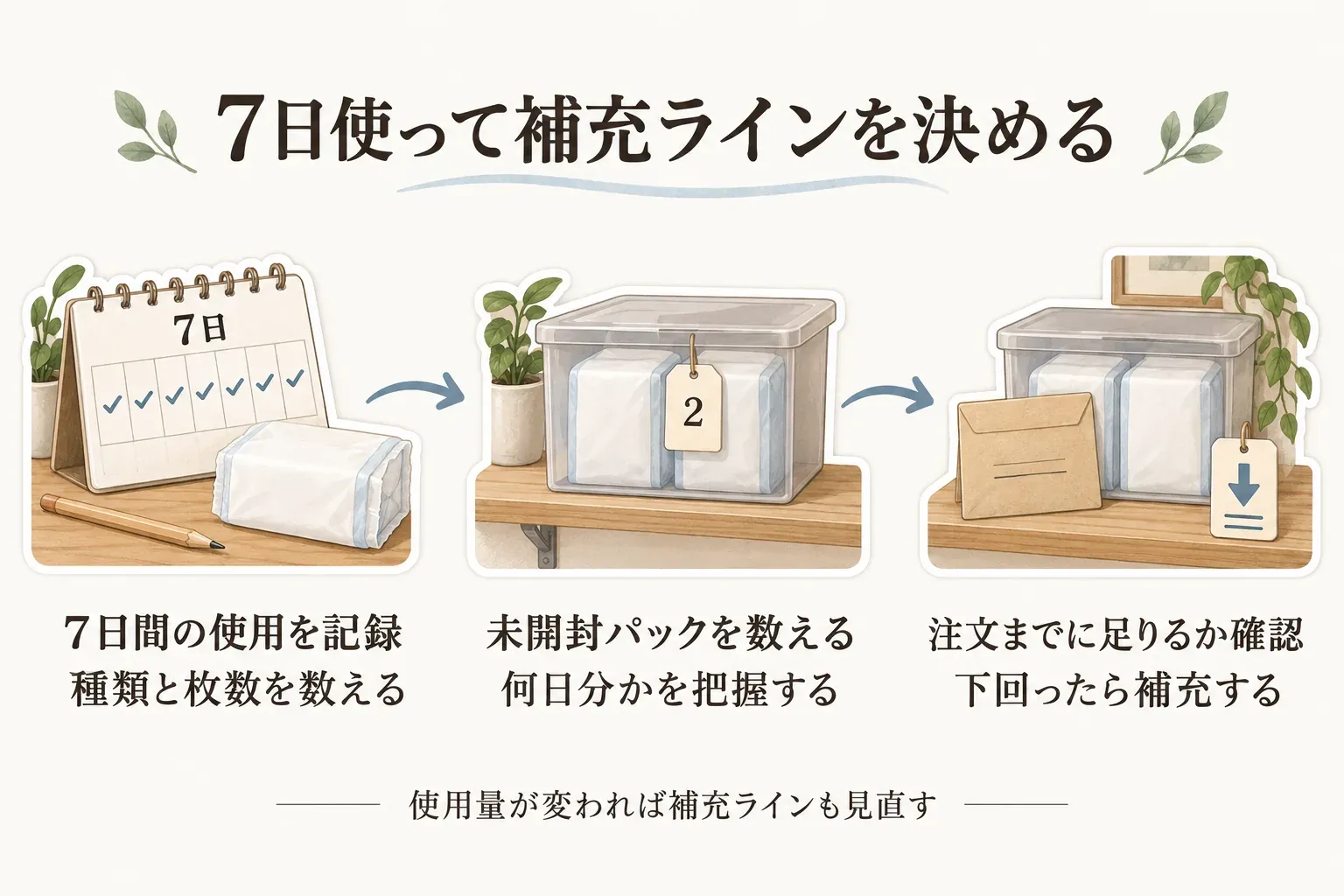 7日間の使用を記録して尿もれパッドの補充ラインを決める図。種類と枚数を数え、未開封パック数から何日分かを把握し、次の注文までに足りるか確認して下回ったら補充する。使用量が変われば補充ラインも見直すよう示す。記事本文をもとに作成。